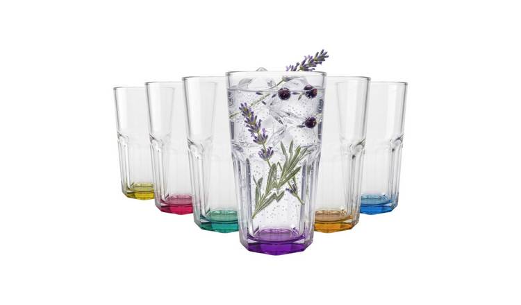 Argon Tableware Panelled Highball Glasses with Coloured Base - 400ml - Pack of 6