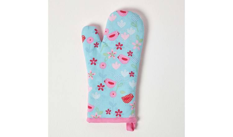 Homescapes Birds And Flowers Cotton Oven Gloves - Pink
