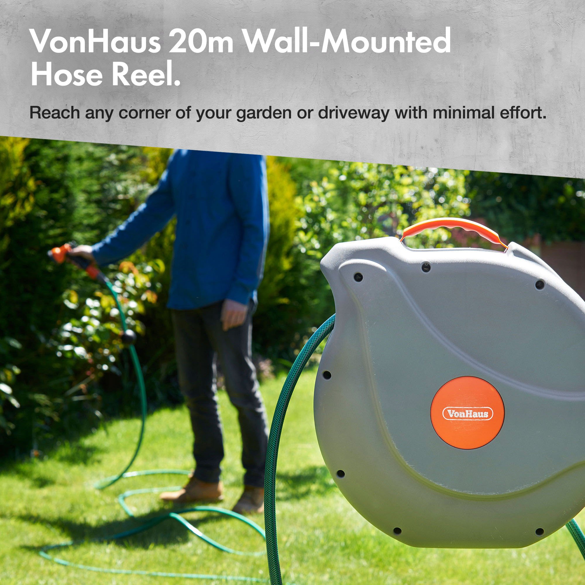 VonHaus 20m Wall Mounted Retractable Garden Hose Reel - Grey - Image 2