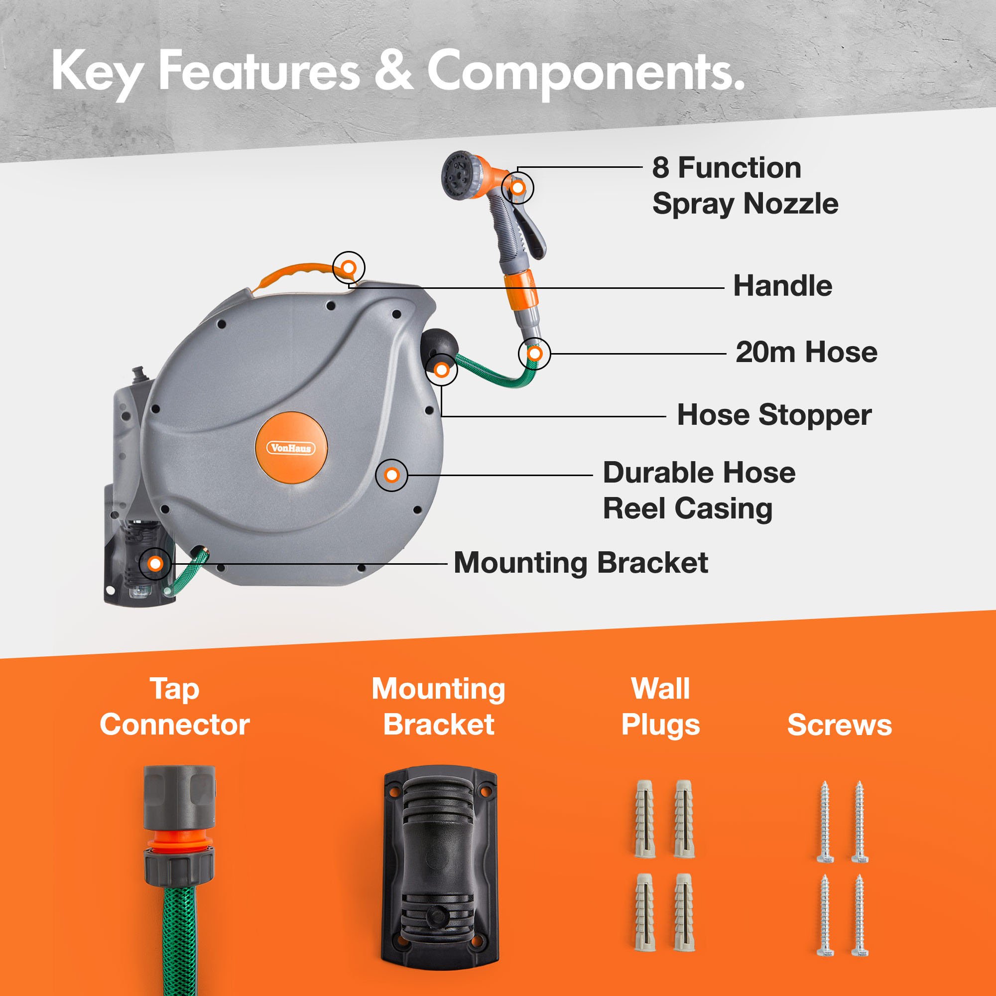 VonHaus 20m Wall Mounted Retractable Garden Hose Reel - Grey - Image 6