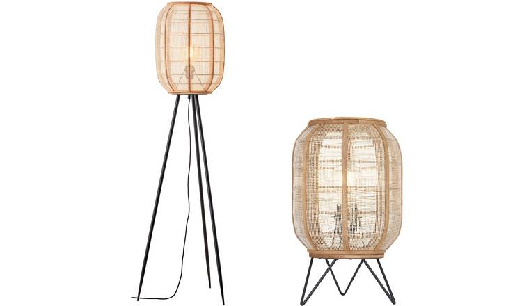 Loops Direct Steel and Bamboo Floor and Table Lamp Set - Matt Black