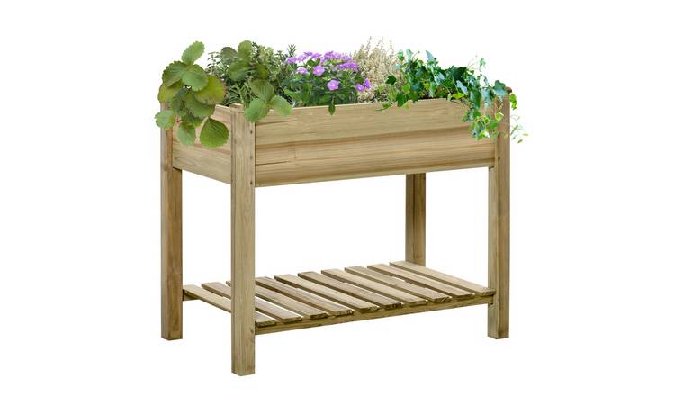 Outsunny Wooden Raised Garden Bed with Legs and Storage Shelf - Green