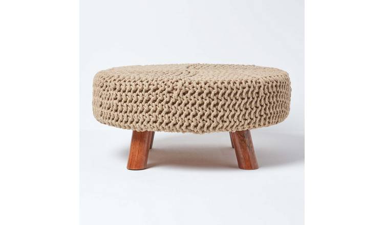 Homescapes Large Round Cotton Knitted Footstool with Legs – Linen