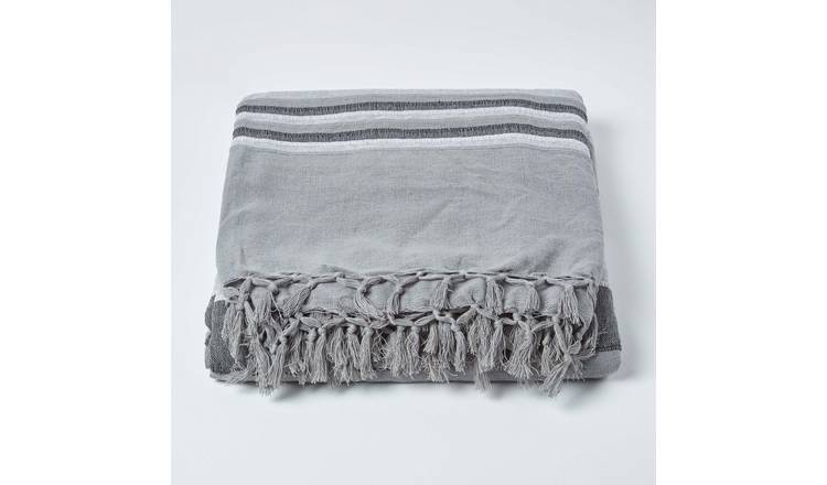 Homescapes Cotton Morocco Striped Throw - 225 x 255 cm - Grey