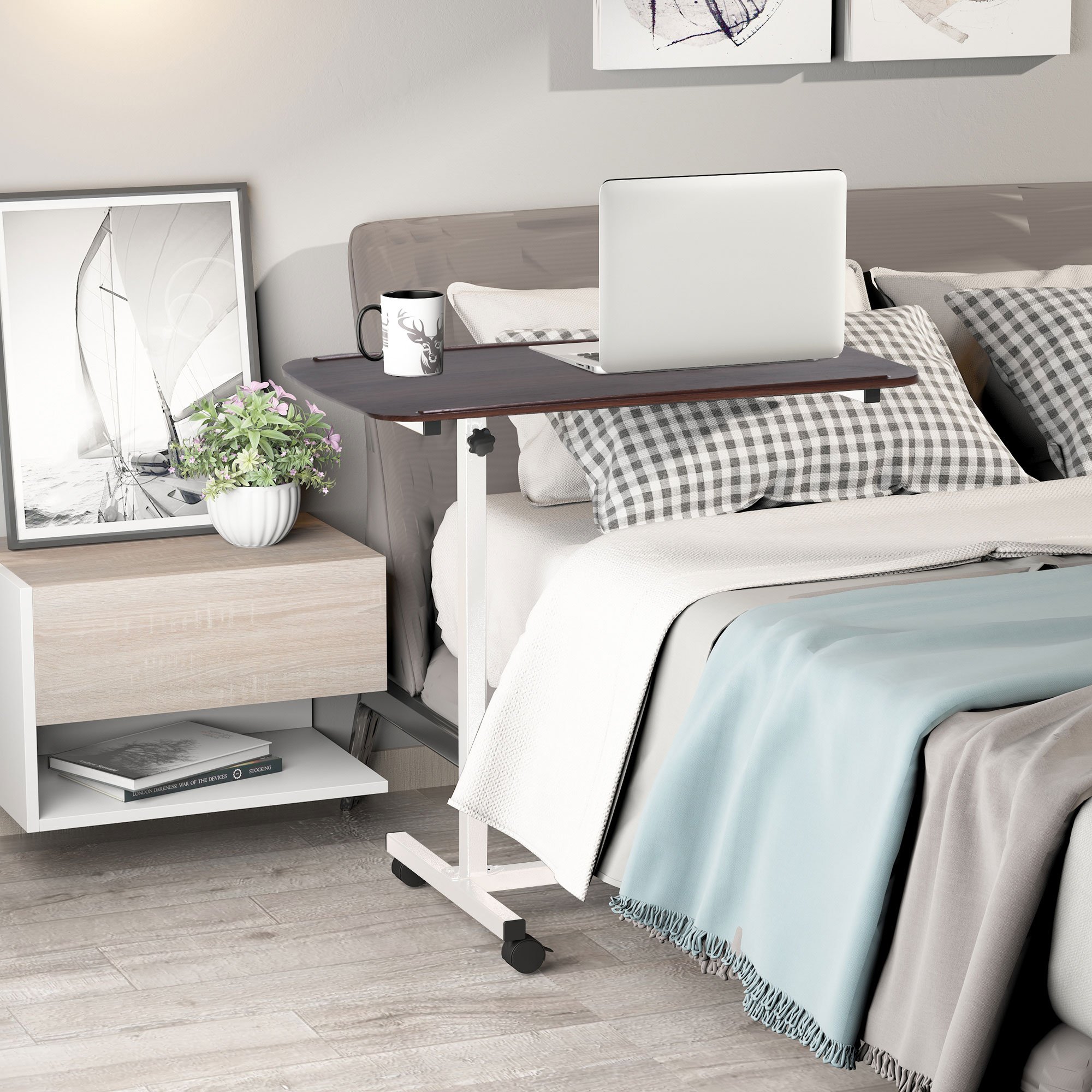 HOMCOM Height Adjustable Over Bed Table with Wheels - Brown - Image 3