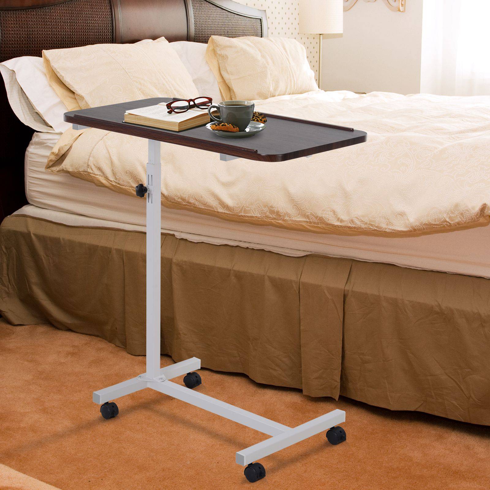 HOMCOM Height Adjustable Over Bed Table with Wheels - Brown - Image 7
