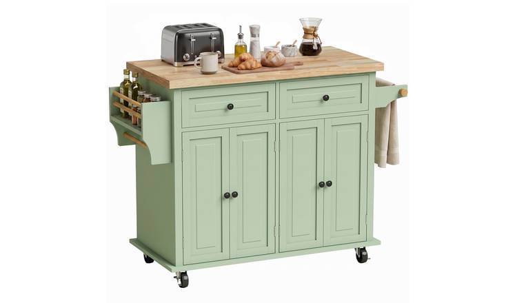 HOMCOM Kitchen Island with Rubber Wood Top and Drawers - Light Green
