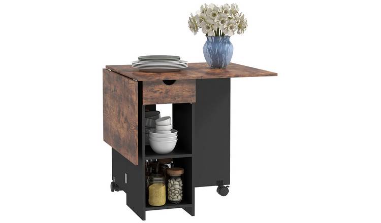 HOMCOM Folding Dining Table with Drawer and Storage Shelves - Rustic Brown