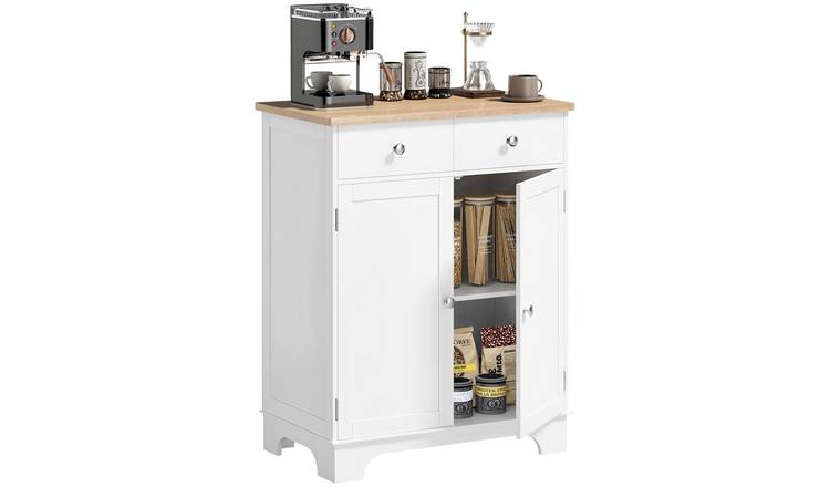 HOMCOM Wooden Adjustable Storage Sideboard with Solid Wood Top - White