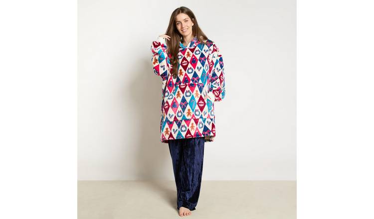 OHS Festive Harlequin Print Hoodie Blanket - One Size - Multi