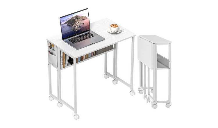 HOMCOM Foldable Office Desk with Storage Shelf - White