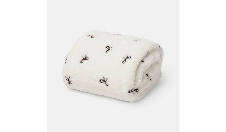 OHS Bow Embossed Soft Fleece Throw - 125 x 150cm - White/Black