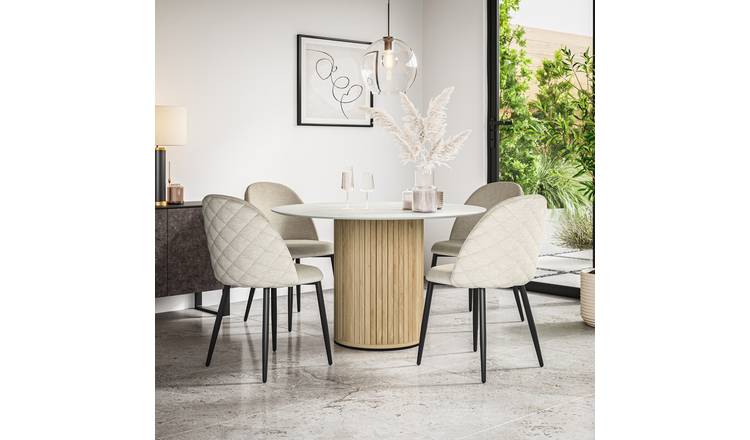 Furniture Online Arlo Raye Marble Top w Oak Legs Dining Table & 4 Beige Chairs