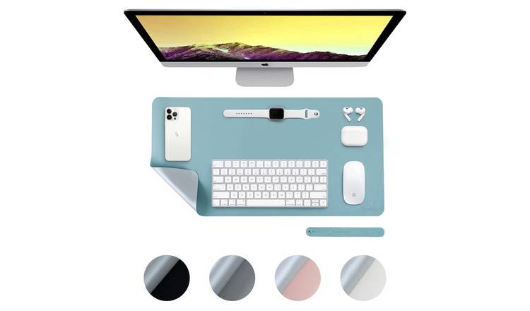 Desiretech Reversible Faux Leather Desk Mat 35 x 60cm - Light Blue & Silver