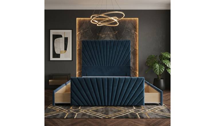Somnior Velvet Small Double 4 Drawer Divan Bed with Footboard & Headboard - Navy