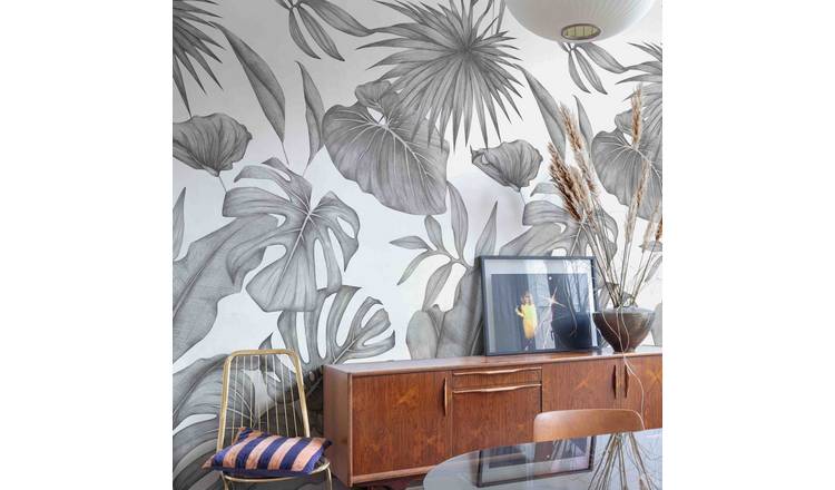 Grandeco Raha Botanical Jungle 3 Lane Repeatable Wallpaper Mural   - Grey
