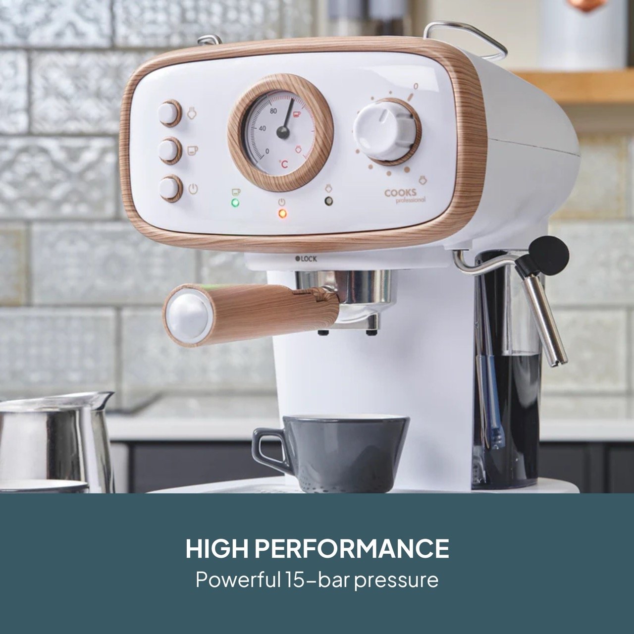 Cooks Professional Retro Espresso Machine 1.2L with Steam Wand - Nordic White - Image 2