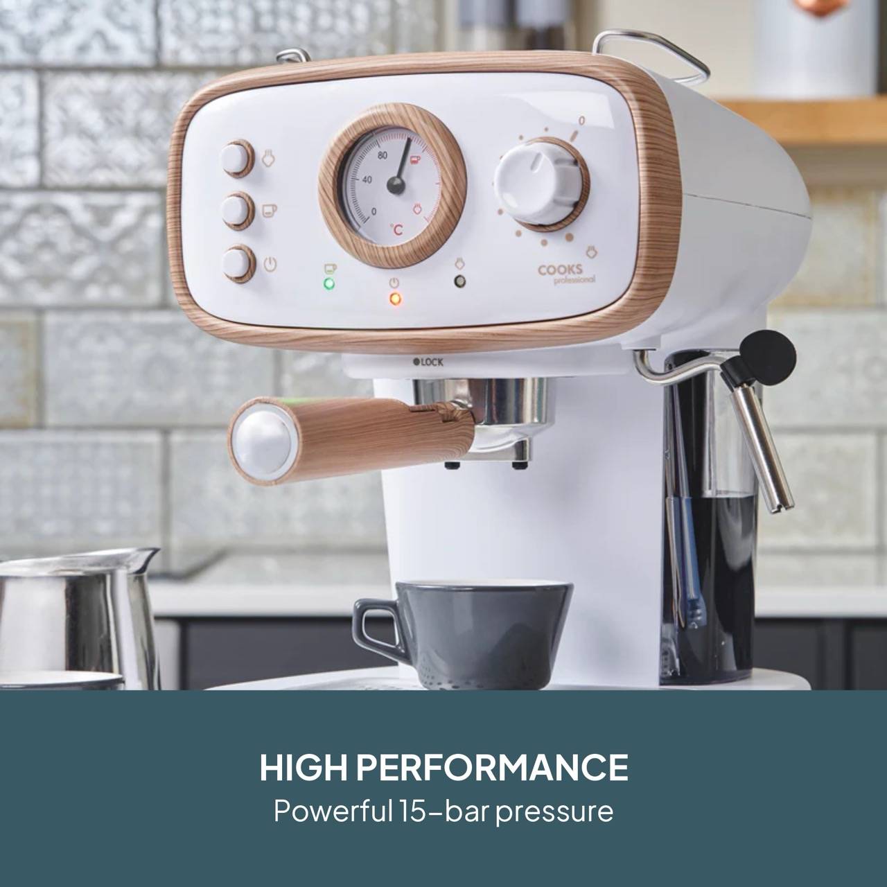 Cooks Professional Retro Espresso Machine 1.2L with Steam Wand - Nordic White - Image 2