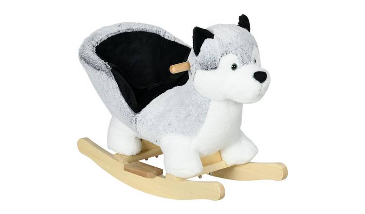 HOMCOM Husky Plush Wooden Seatbelt Indoor Baby Rocking Horse - Grey