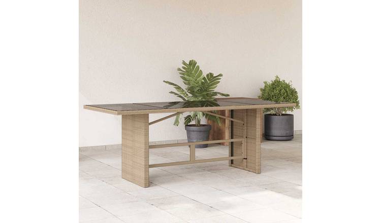 Walplus Poly Rattan Garden Table with Glass Top - Beige - 190 x 80 x 75 cm