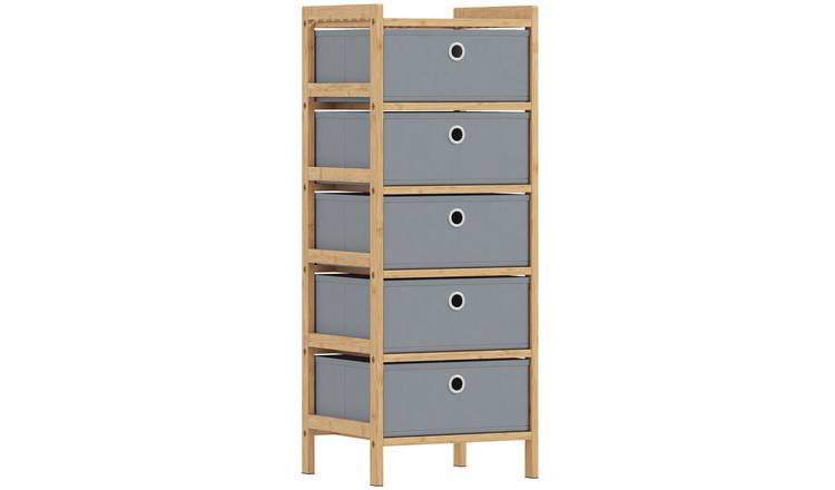 HOMCOM 5 Drawer Narrow Fabric Dresser with Bamboo Frame - Light Grey