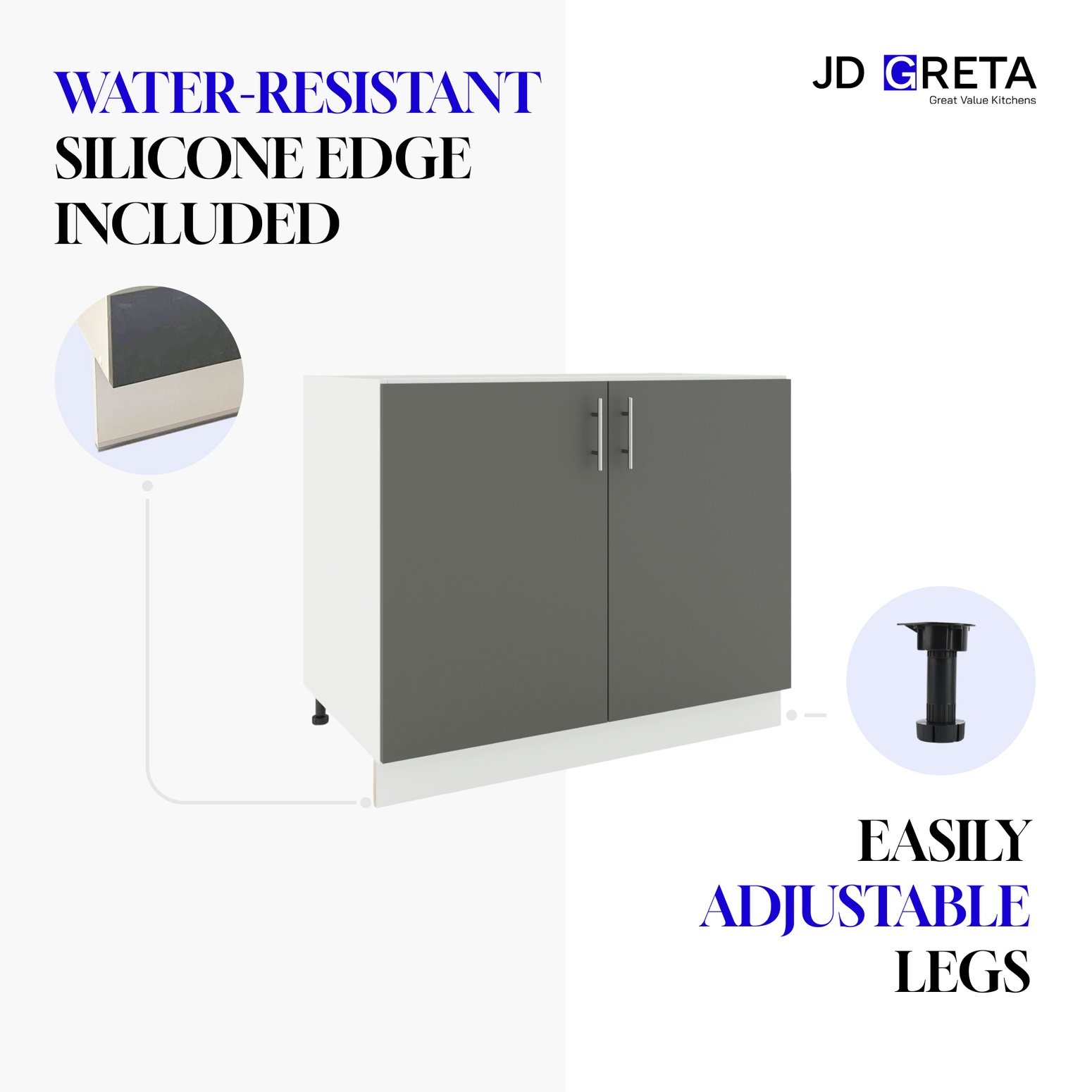 JD Greta 1000mm Adjustable Leg Base Cabinet with 2 Doors - White Matt - Image 6