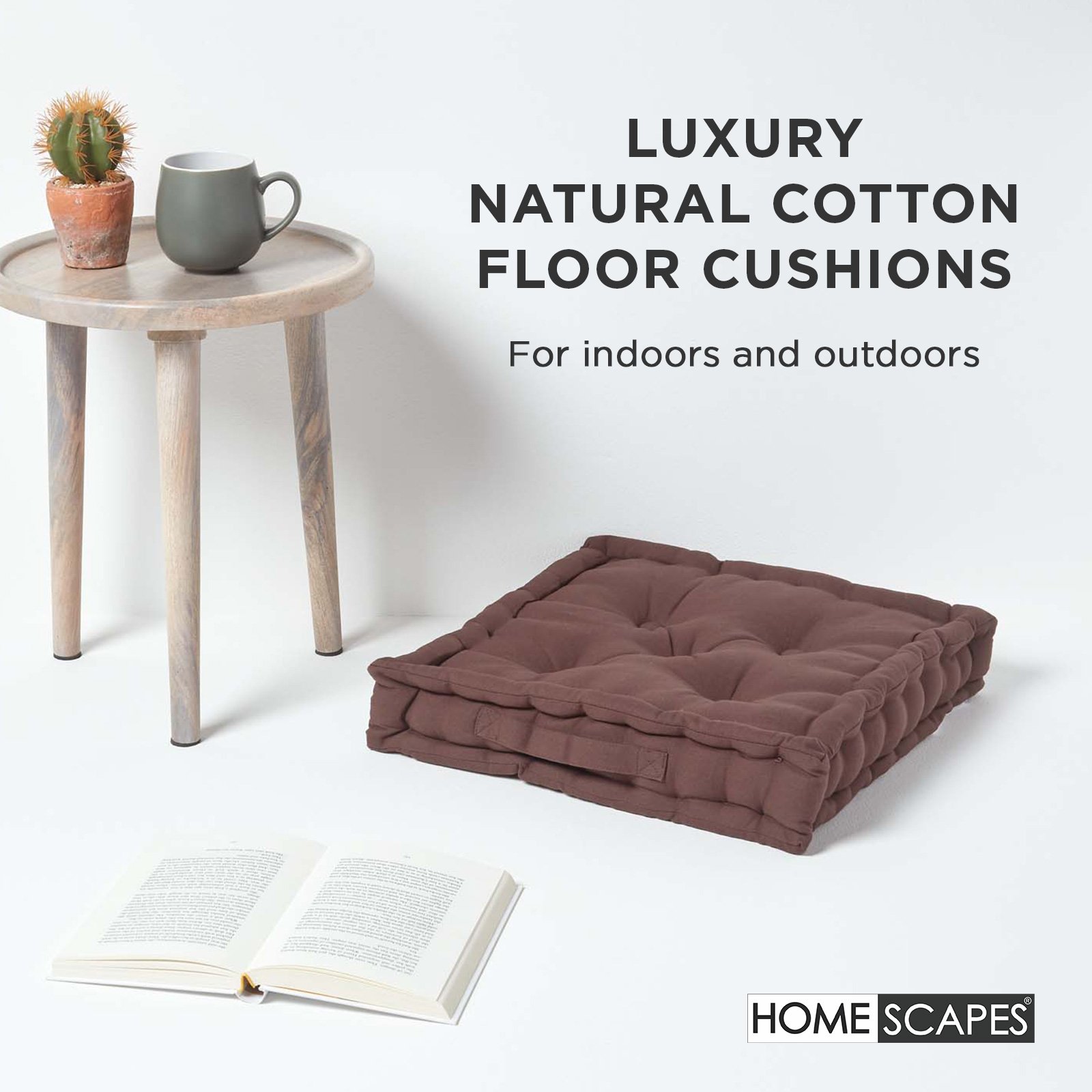 Homescapes Cotton Floor Cushion - 50 x 50 cm - Chocolate Brown - Image 2