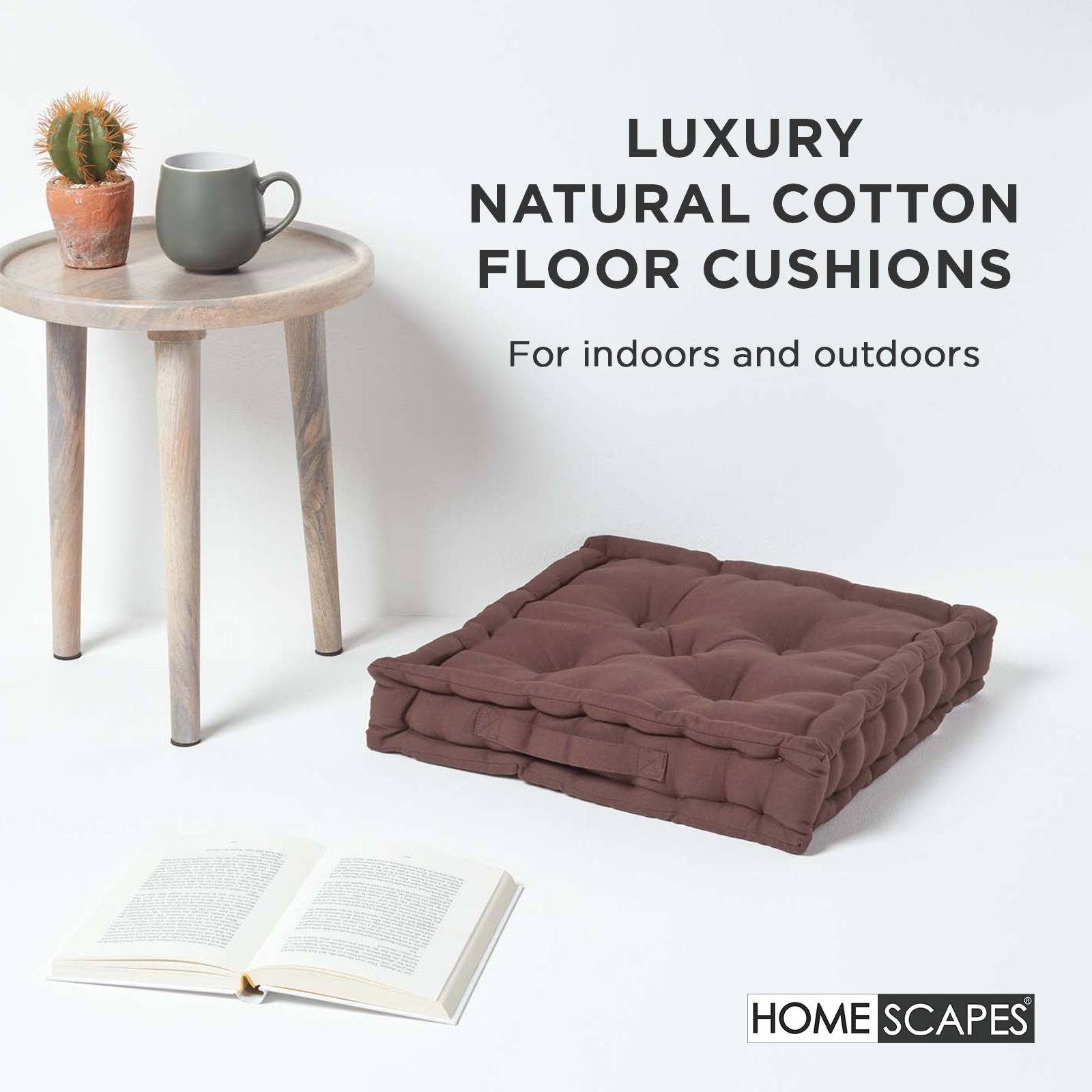Homescapes Cotton Floor Cushion - 50 x 50 cm - Chocolate Brown - Image 2