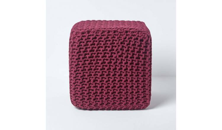 Homescapes Cube Cotton Knitted Pouffe Footstool – Plum