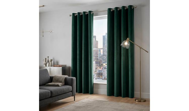 Luxury Living Velvet Chenille Eyelet Curtains 142cm x 229cm - Green