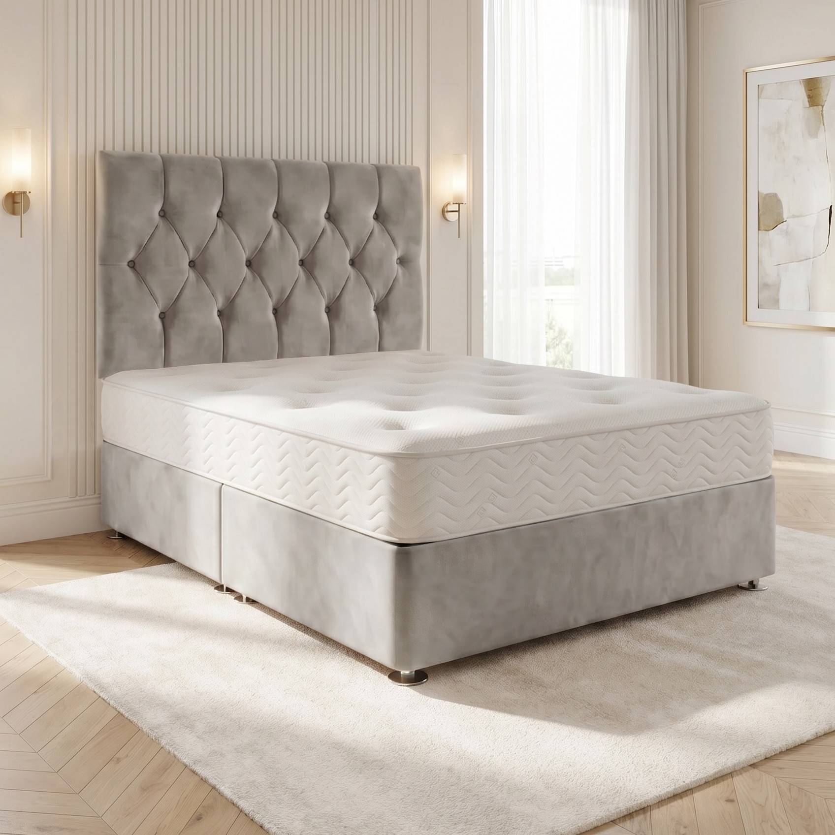 Somnior Chester Velvet Small Single Open Coil Divan Bed Set - Silver - Image 1