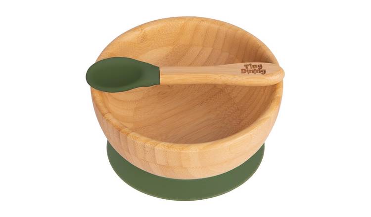 Tiny Dining Bamboo Suction Bowl & Spoon Set - Olive Green