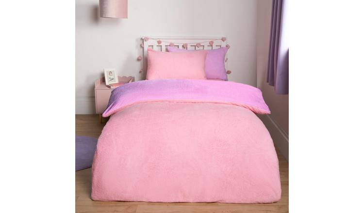 OHS Reversible Teddy Duvet Cover Set Pink/Lilac - Double