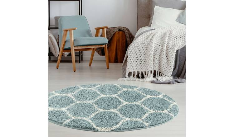 The Rugs Duck Egg Blue Moroccan Shaggy Trellis Round Rug - 120cm