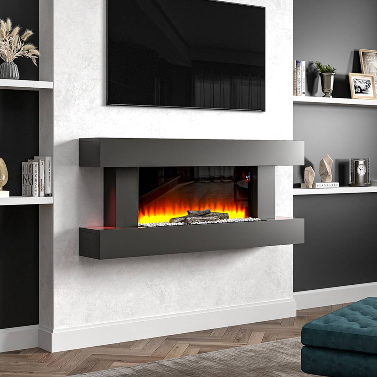 Living and Home 52 Inch Wall Mounted Electric Fireplace Remote Wi-Fi - Black - Image 2