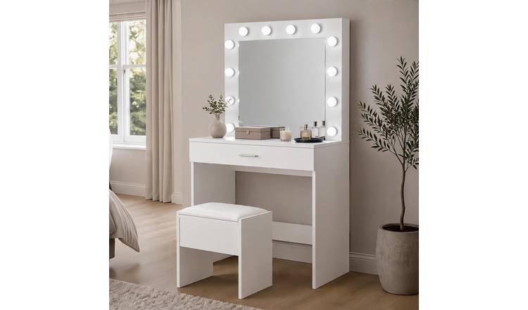 Home Source Ella 1 Drawer Illuminated Dressing Table Set - White