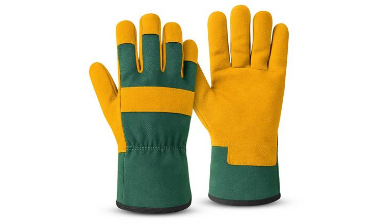 Keplin Leather & Fabric Long Medium Gardening Gloves - Yellow & Green