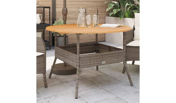 Walplus Poly Rattan Garden Table with Acacia Top - Grey - 110 x 71 cm