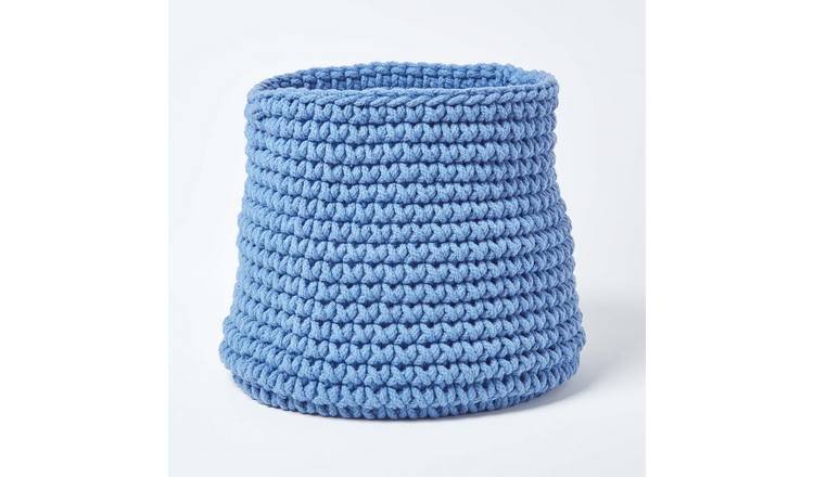 Homescapes Cotton Knitted Round Storage Basket - 42 × 37 cm - Blue