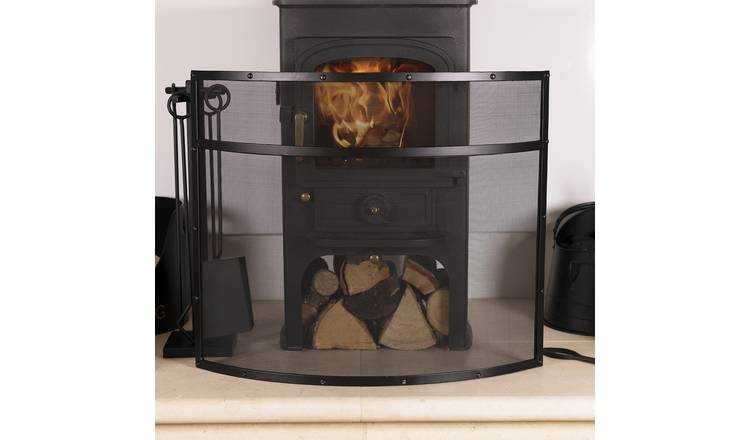 Charles Bentley Fireguard Iron Contemporary Curved Design Mesh - Black