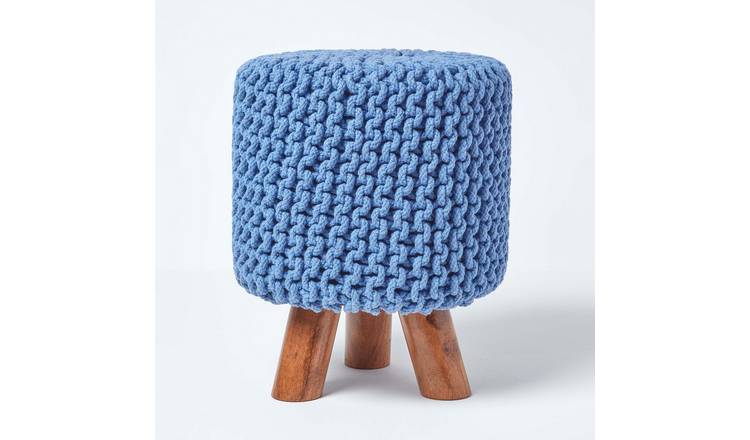 Homescapes Tall Cotton Knitted Footstool with Legs – Blue