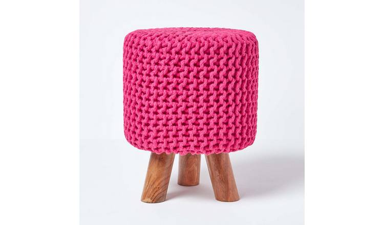 Homescapes Tall Cotton Knitted Footstool with Legs – Hot Pink