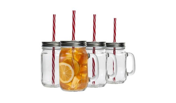 Rink Drink Mason Drinking Jar Glasses with Straws - Pack of 4