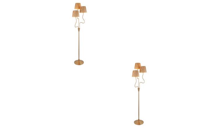 Loops Direct Pack of 2 Brushed Aged Brass Floor Lamp - Natural Raffia