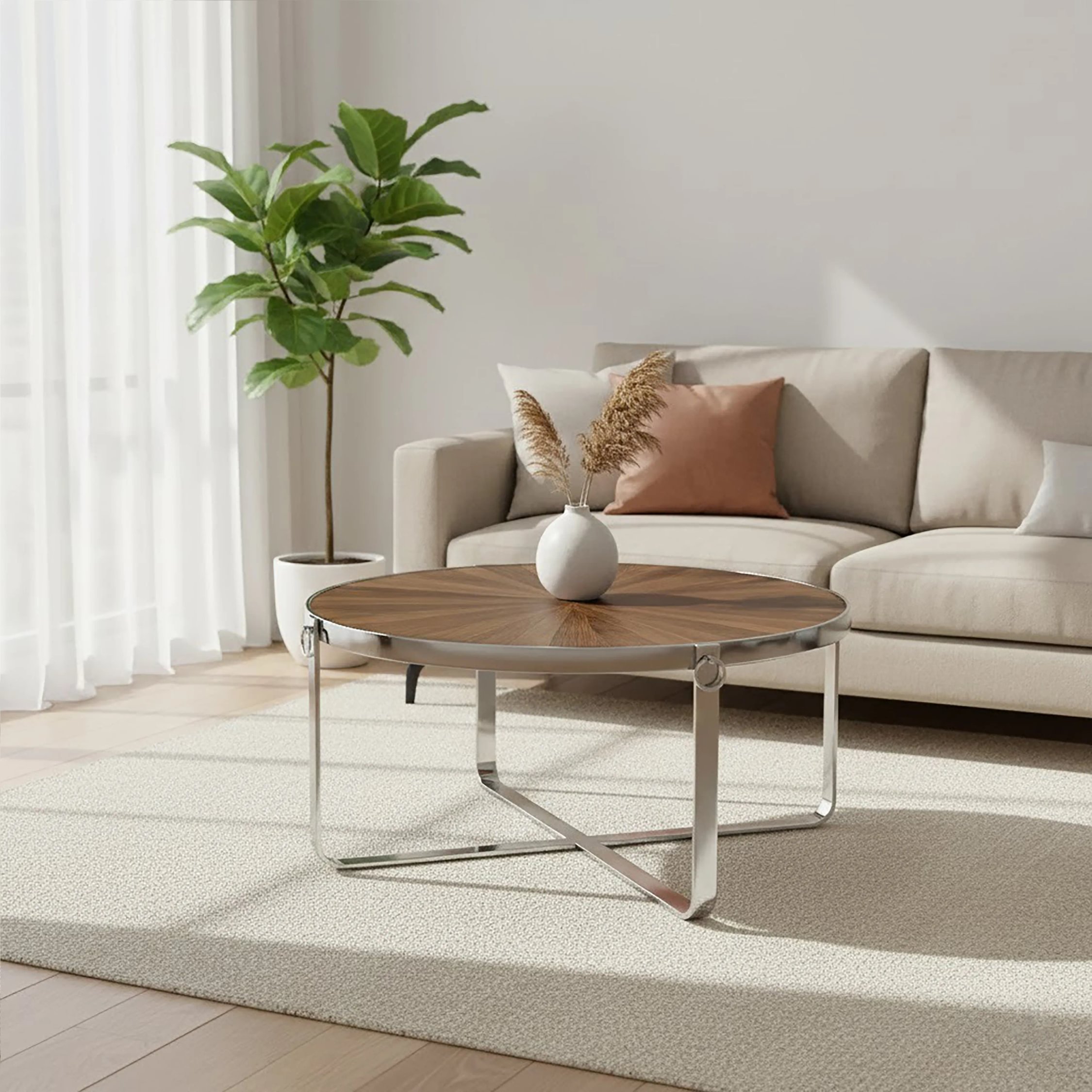 Orsina Solid Elm Wood Round Coffee Table - Two Tone - Image 2