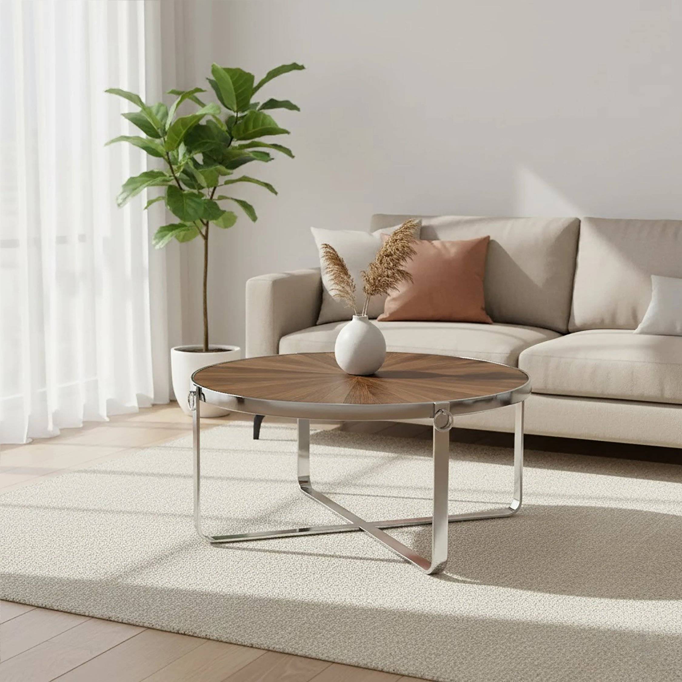 Orsina Solid Elm Wood Round Coffee Table - Two Tone - Image 2