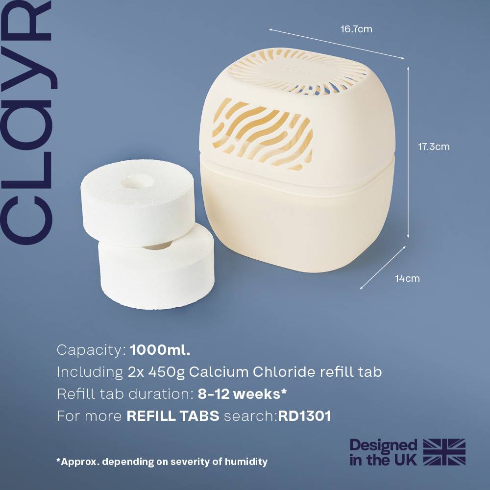 Clayr Reusable Dehumidifier with 2 Refill Tabs - 1000ml - White - Image 6
