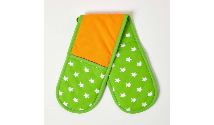 Homescapes Orange and Green Stars Double Oven Glove - Orange and Green