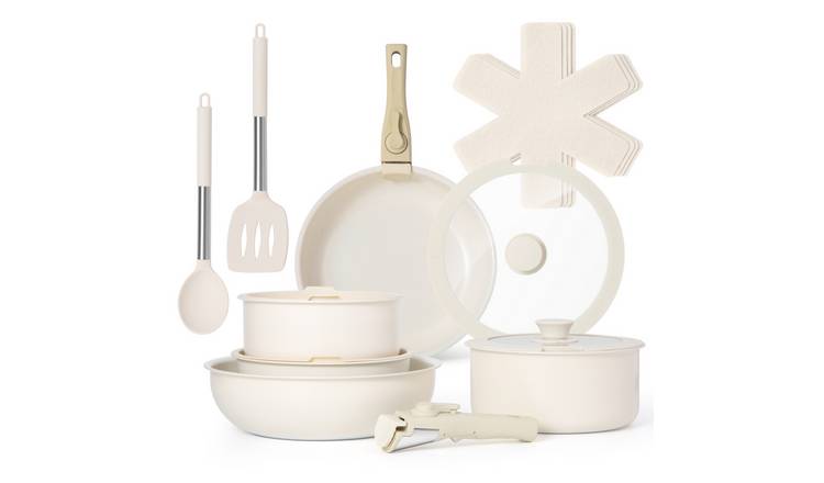 VonShef 17pc Pots and Pans Set Non-Stick Ceramic & Detachable Handles - Cream