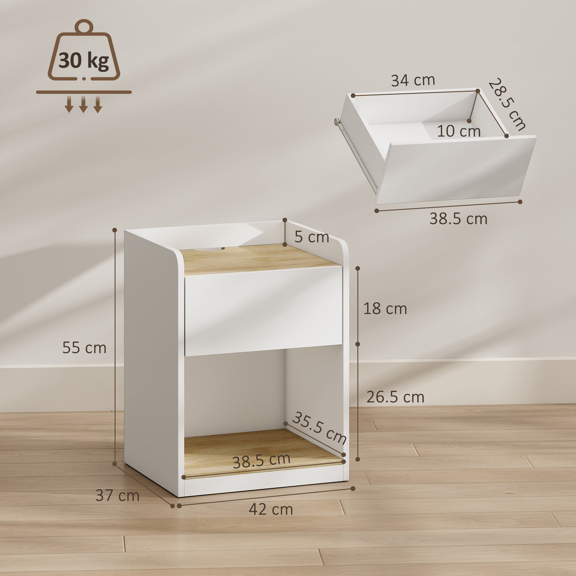 HOMCOM Modern Bedside Table with Drawer and Cable Holes - White and Oak - Image 7